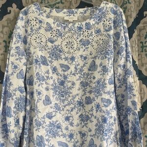 Linen long sleeve white and blue print shirt
